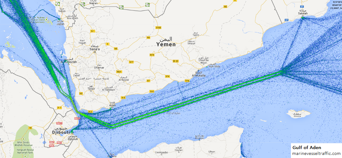 Live Marine Traffic, Density Map and Current Position of ships in GULF OF ADEN